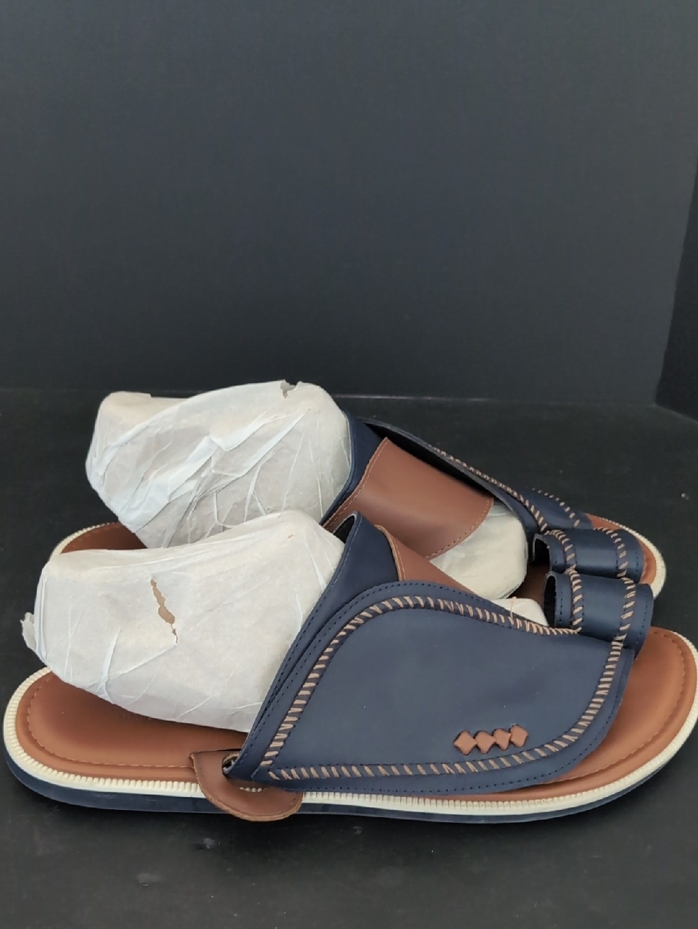 Florina Men's Blue/Brown Upper Leather Sandals/Slides Arabic Style,Size 45.